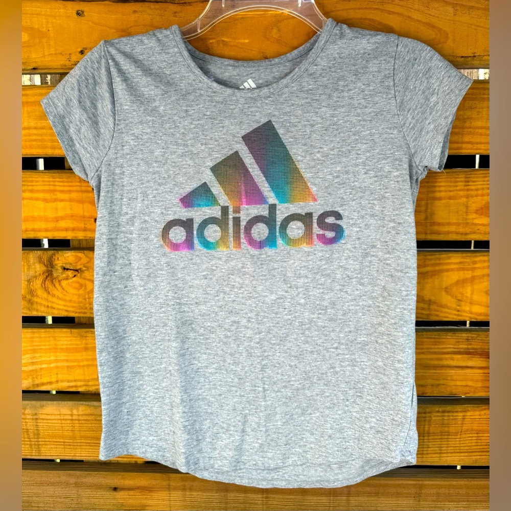 Girls grey Adidas multi colored metallic logo shirt, sz. L/14